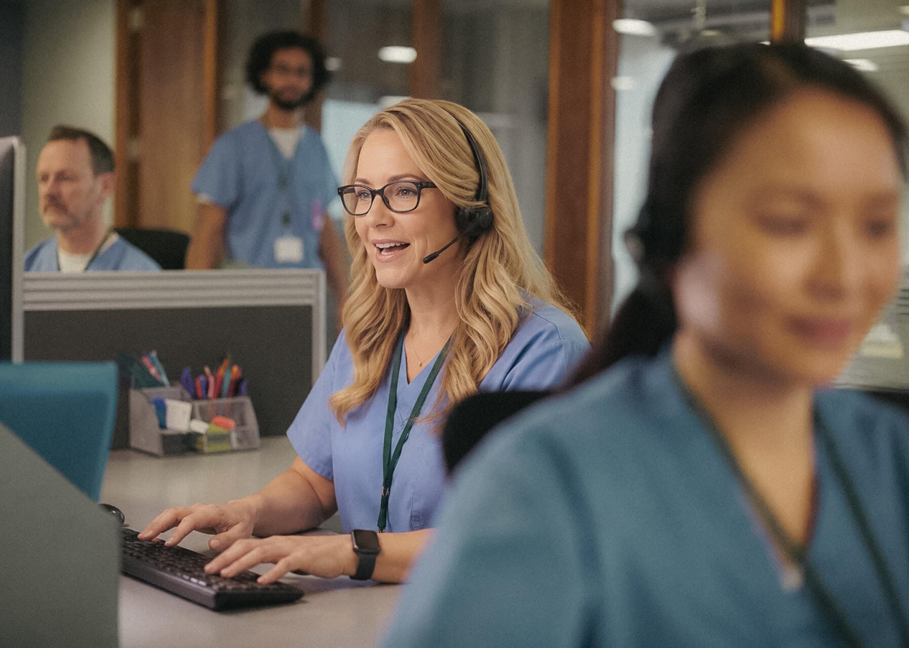 Clinic receptionist on a call